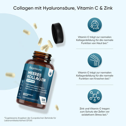 WeightWorld Collagen Complex Capsules with Hyaluronic Acid, Vitamin C, CoQ10 and Zinc, 1200 mg, Hydrolised Marine Collagen, 120 Capsules, for Skin, Hair, Bones, Joints, Laboratory Tested
