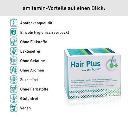 amitamin© Hair Plus Haar Vitamine | 60 Komplex Kapseln hochdosiert | Zink, Kupfer, Biotin, Selen, Folsäure plus 16 wichtige Nährstoffe | auch gegen erblichen Haarausfall | vegan | deutsche Herstellung