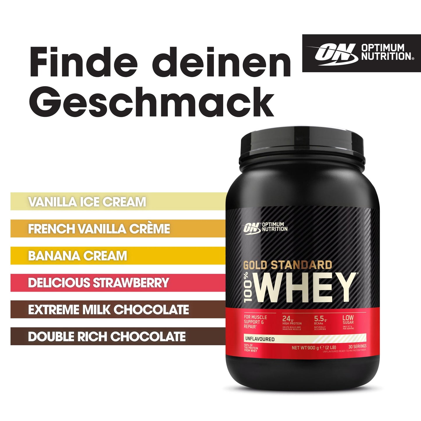 Optimum Nutrition Gold Standard 100% Whey, Proteinpulver, Geschmack Delicious Strawberry, 900g, 30 Portionen