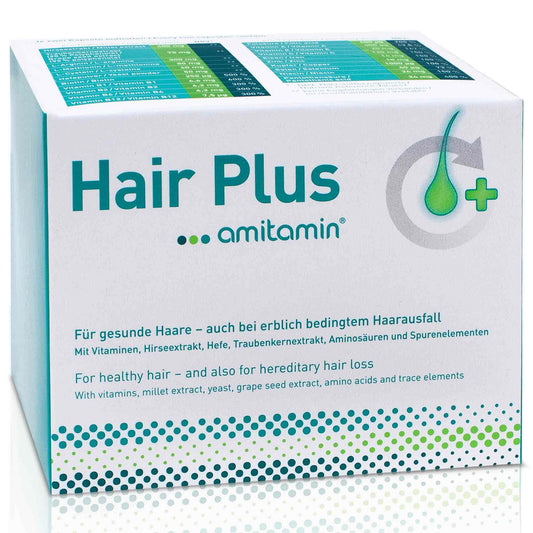 amitamin© Hair Plus Haar Vitamine | 60 Komplex Kapseln hochdosiert | Zink, Kupfer, Biotin, Selen, Folsäure plus 16 wichtige Nährstoffe | auch gegen erblichen Haarausfall | vegan | deutsche Herstellung