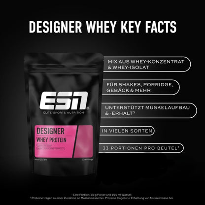 ESN Premium Designer Whey Protein Pulver, Cherry Yogurt, 1 kg, bis zu 23 g Protein pro Portion, ideal zum Muskelaufbau und -erhalt - made in Germany