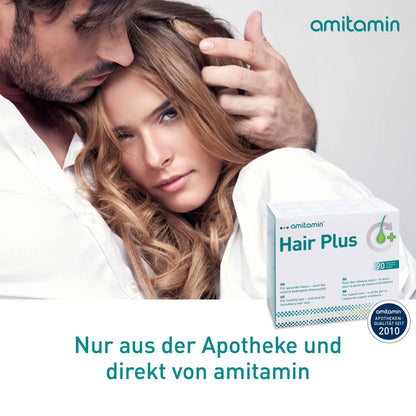 amitamin© Hair Plus Haar Vitamine | 60 Komplex Kapseln hochdosiert | Zink, Kupfer, Biotin, Selen, Folsäure plus 16 wichtige Nährstoffe | auch gegen erblichen Haarausfall | vegan | deutsche Herstellung