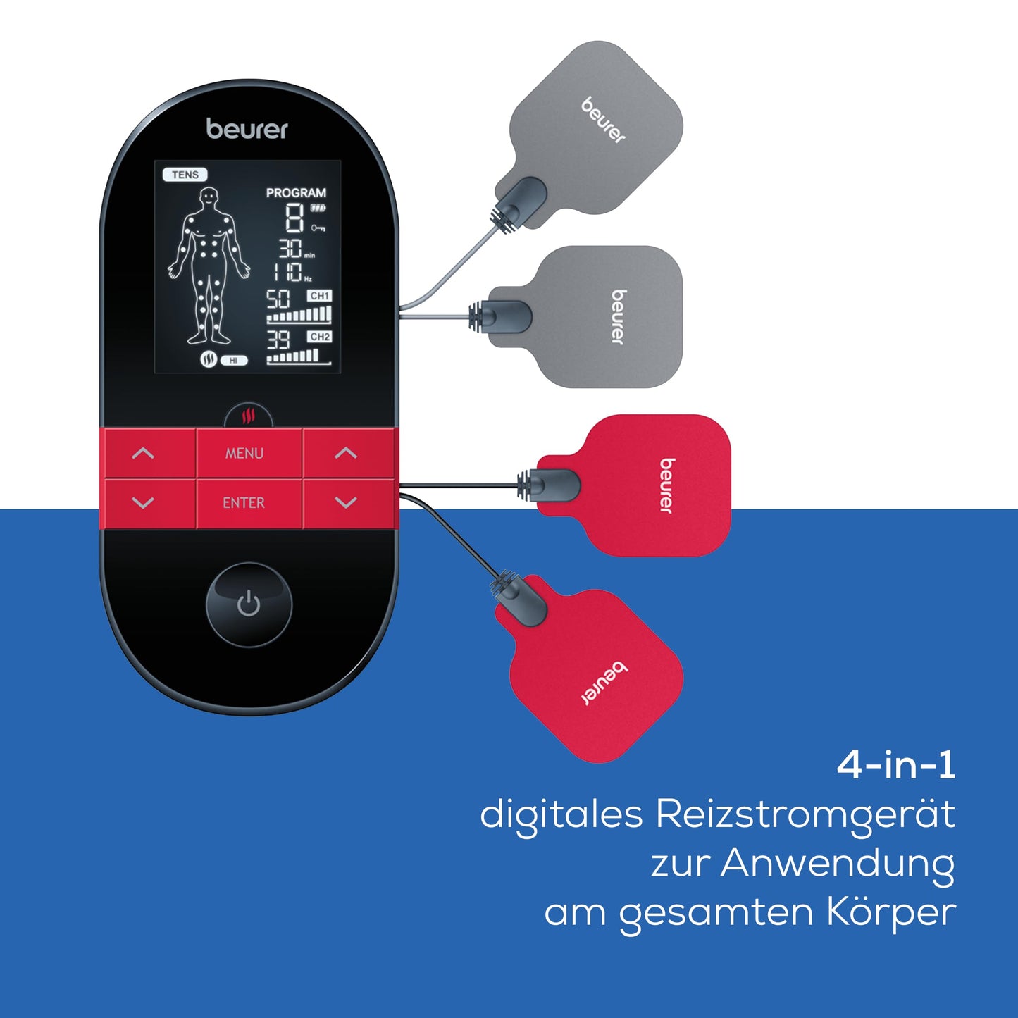 Beurer EM 89 Digital TENS/EMS Gerät mit Wärmefunktion, 4-in-1 Funktion zur Schmerztherapie, Muskelstimulation, Massage und Wärmetherapie, 4 getrennt regelbare Kanäle, 8 Elektroden & Akku