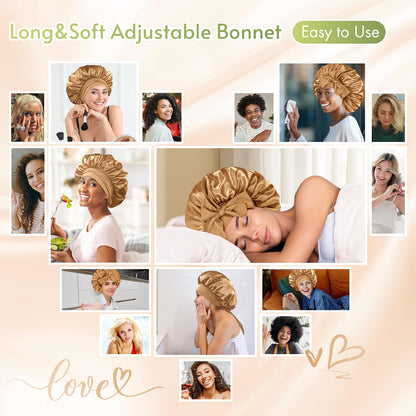 BONNET QUEEN Satin Silk Sleep Cap, Adjustable Women’s/Men’s Bonnet, Night Hair Care Protection Head Cap for Curly, Long Hair, Smooth, Breathable (M, Black)