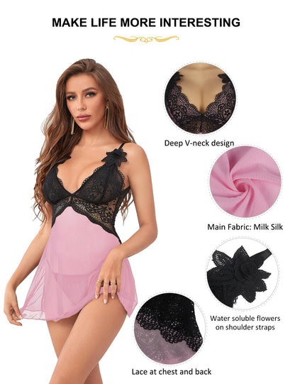 ohmydear Babydoll Lingerie for Women Large Sizes Negligee Women's Sexy Leopard Dress V-Neck Nightdress Women's Sexy Sleepwear with Briefs Soft Comfortable