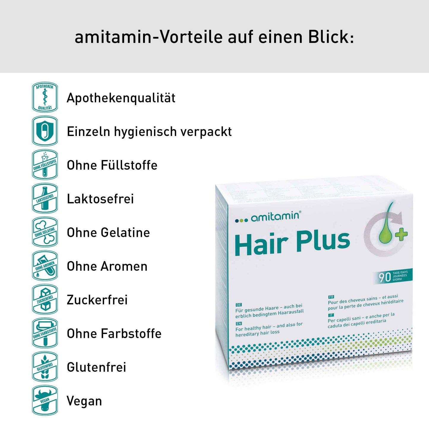 amitamin© Hair Plus Haar Vitamine | 60 Komplex Kapseln hochdosiert | Zink, Kupfer, Biotin, Selen, Folsäure plus 16 wichtige Nährstoffe | auch gegen erblichen Haarausfall | vegan | deutsche Herstellung