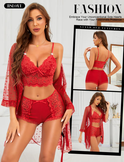RSLOVE Sexy Lingerie Set for Women - Lace Underwear Dressing Gown with Bra and Panties