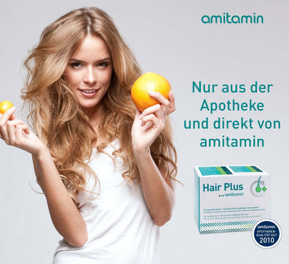 amitamin© Hair Plus Haar Vitamine | 60 Komplex Kapseln hochdosiert | Zink, Kupfer, Biotin, Selen, Folsäure plus 16 wichtige Nährstoffe | auch gegen erblichen Haarausfall | vegan | deutsche Herstellung