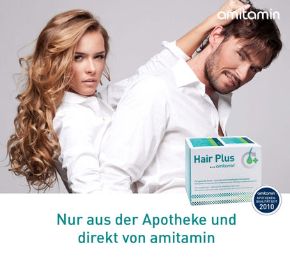 amitamin© Hair Plus Haar Vitamine | 60 Komplex Kapseln hochdosiert | Zink, Kupfer, Biotin, Selen, Folsäure plus 16 wichtige Nährstoffe | auch gegen erblichen Haarausfall | vegan | deutsche Herstellung