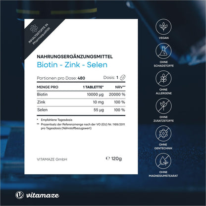 Biotin High Dose with Selenium and Zinc for Hair Growth, Skin and Nails, 365 Vegan Tablets for 1 Year, Biotin High Dose 10,000 mcg, Made in Germany