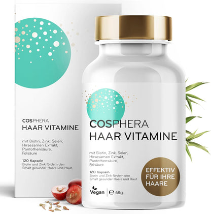 Cosphera Haar-Vitamine - Hochdosiert mit Biotin, Selen und Zink als Beitrag zum Erhalt normaler Haare. Plus Folsäure & Hirse Samen Extrakt (reich an Silizium) - 120 vegane Kapseln im 2 Monatsvorrat.