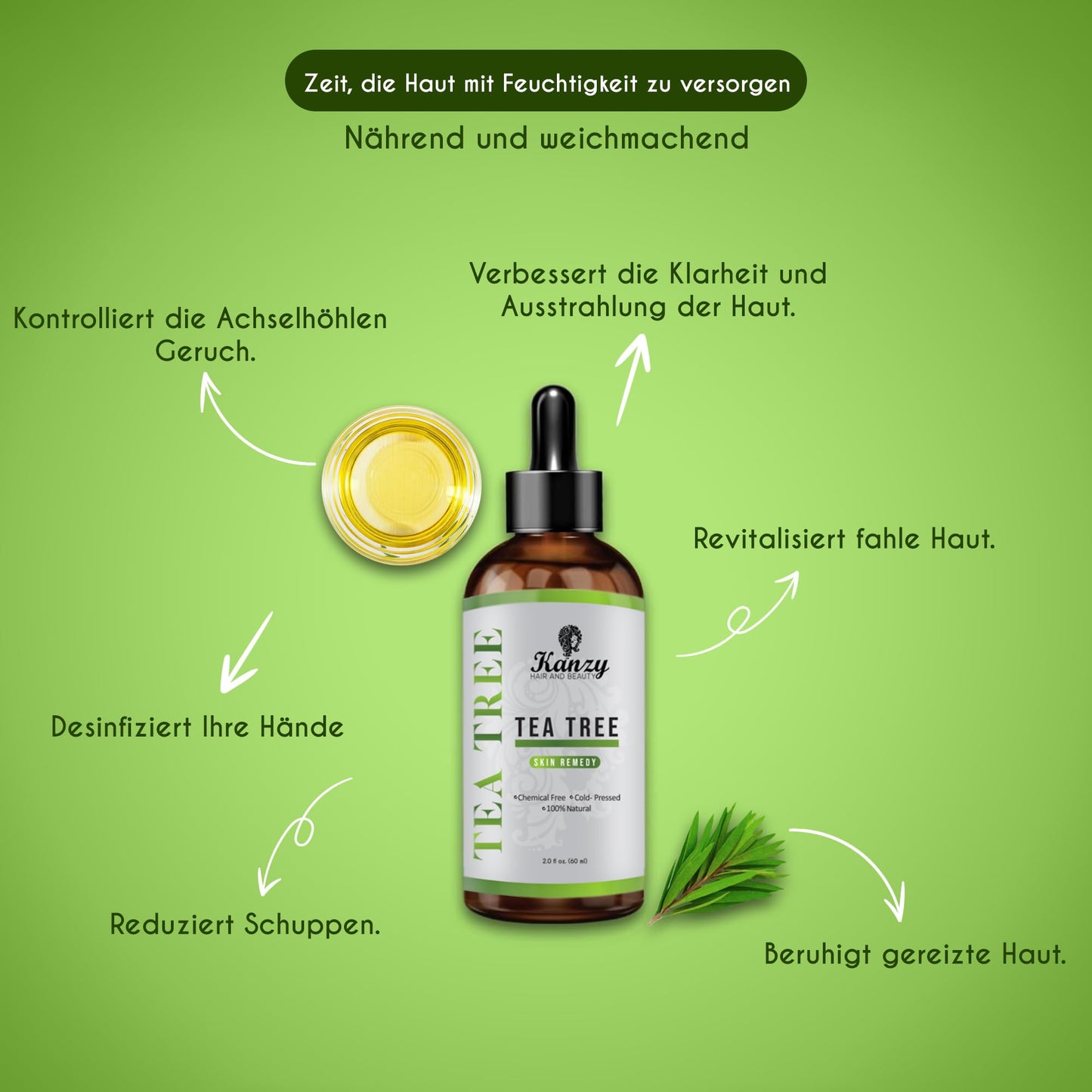 Kanzy Teebaumöl Bio Naturrein 60ml mit Pipette Kaltgepresst Tea Tree Oil für Gesicht (60ml)