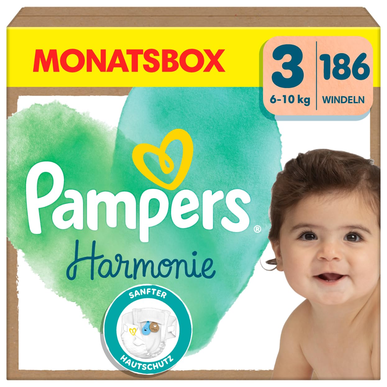 Pampers Harmonie Nappies Size 1, 180 Nappies, 2 kg - 5 kg, Gentle Skin Protection with 100% Pampers Protection