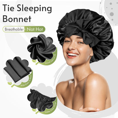 BONNET QUEEN Satin Silk Sleep Cap, Adjustable Women’s/Men’s Bonnet, Night Hair Care Protection Head Cap for Curly, Long Hair, Smooth, Breathable (M, Black)
