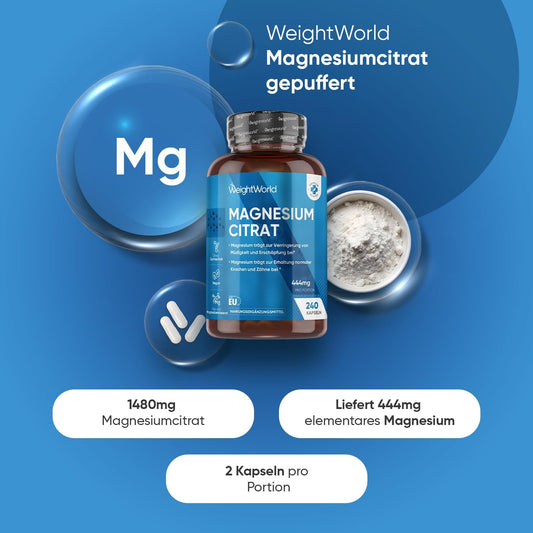 Magnesium Citrate Buffered - 240 Vegan Capsules - 444mg Elemental Magnesium Per Serving - 4 Months Supply - Magnesium Citrate Capsules - Alternative to Tablets or Powder - by WeightWorld