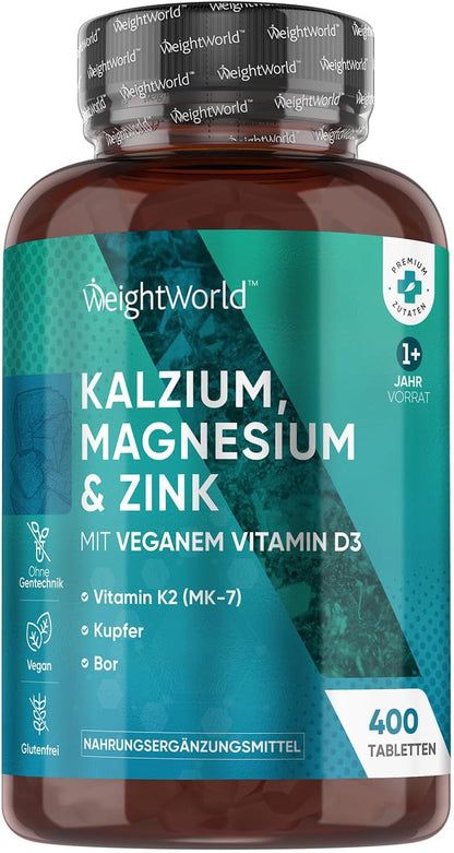 Calcium Magnesium Zinc - 400 Tablets 1+ Year - Magnesium, Vitamin D3, K2, Boron, Selenium, Copper - 500 mg Calcium - Vegan - 1 Tablet Per Day - Gluten Free - Alternative to Capsules - WeightWorld