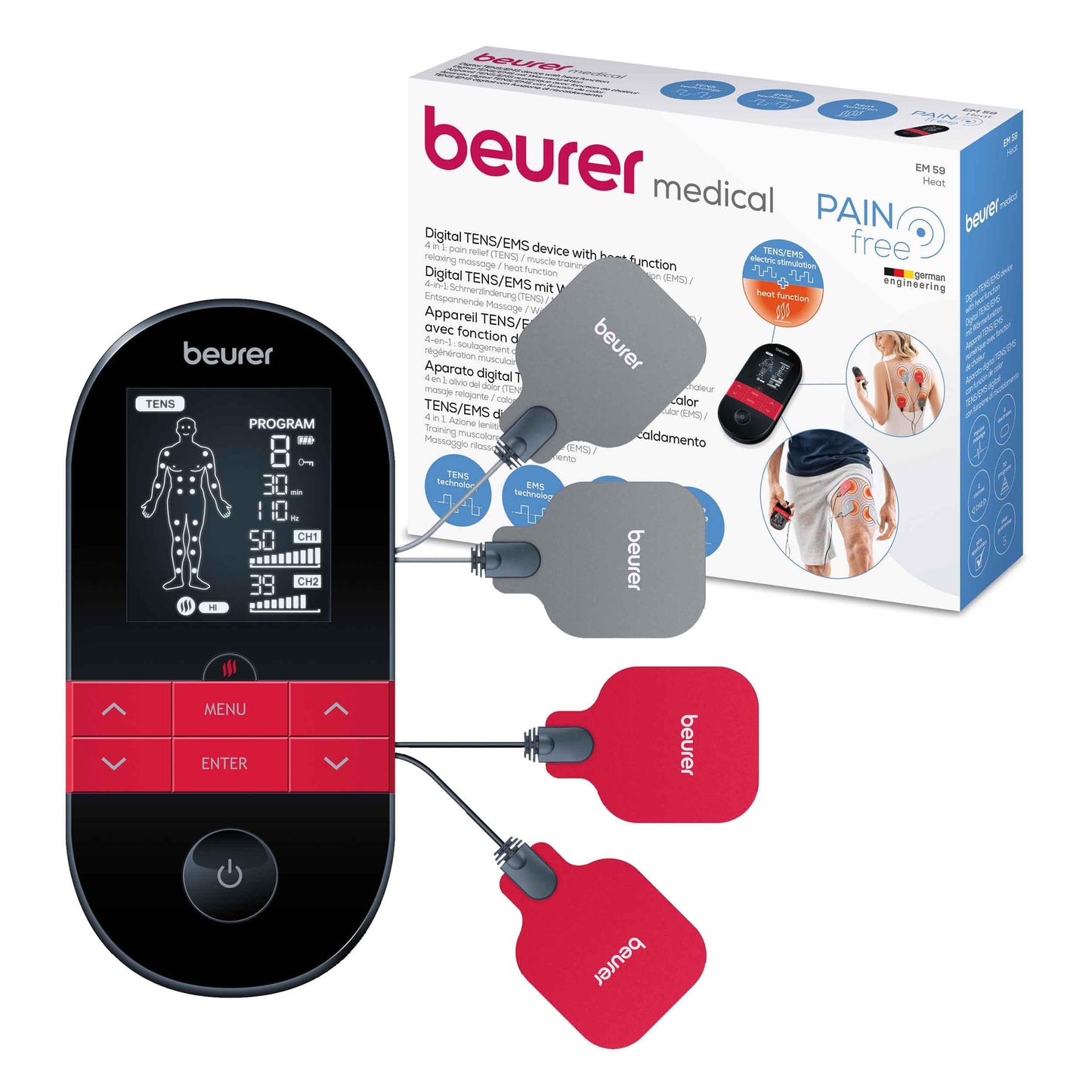 Beurer EM 89 Digital TENS/EMS Gerät mit Wärmefunktion, 4-in-1 Funktion zur Schmerztherapie, Muskelstimulation, Massage und Wärmetherapie, 4 getrennt regelbare Kanäle, 8 Elektroden & Akku