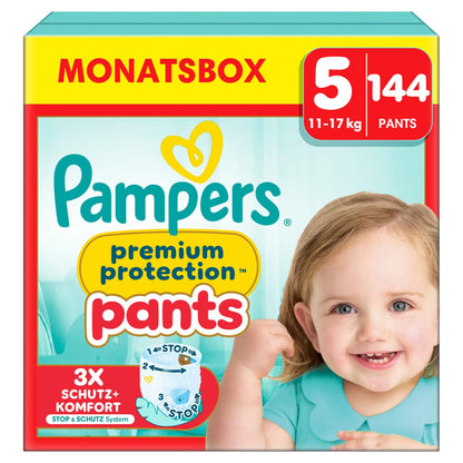 Pampers Premium Protection Pants Size 5, 144 Nappies, 11 kg - 17 kg, with 360° Fit and 2 x Wider Cuffs than Before for Our Best Comfort and Protection