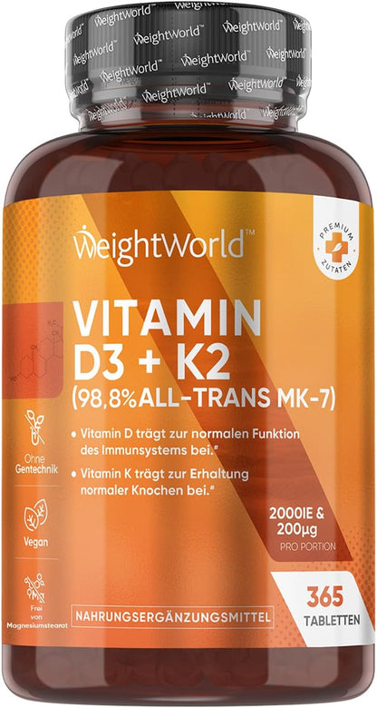 Vitamin D3 K2 2000 IU - 400 tablets with 75mcg Vit K2 All-Trans MK-7 - 1 tablet every 2 days - natural ingredients and vitamin D3 2000 IU from a vegan source (lichen). WeightWork ld