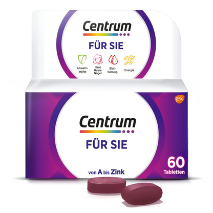 Multivitamin - Centrum Für Sie, 60 St. - Hochwertiges Nahrungsergänzungsmittel mit Mikronährstoffen speziell für Frauen - Vitamine, Mineralstoffe und Spurenelemente zur täglichen Komplettversorgung