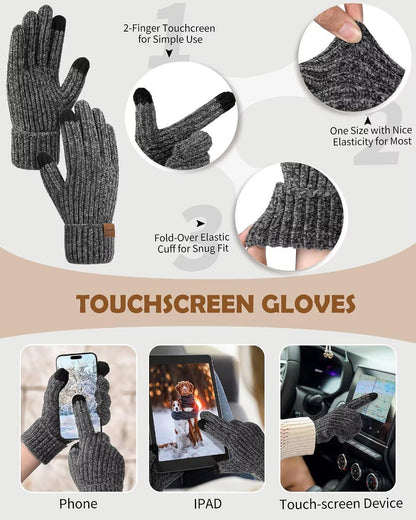 Winuesa Stirnband, Mütze, Schal & Handschuh-Sets für Damen, Chenille Beanie Mütze Mit Fleece Gefüttert Ohrenwärmer Stricken Schal Touchscreen Handschuhe Warm 4-in-1 Geschenk Set