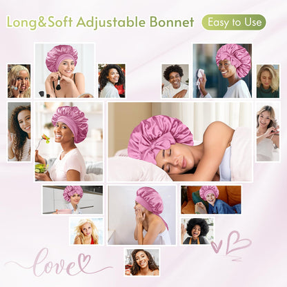 BONNET QUEEN Satin Silk Sleep Cap, Adjustable Women’s/Men’s Bonnet, Night Hair Care Protection Head Cap for Curly, Long Hair, Smooth, Breathable (M, Black)