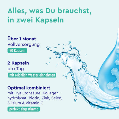 Hyaluronsäure Kollagen Komplex - 180 Kapseln - Mit Biotin, Vitamin C (aus Acerola), Zink, Selen & Bambusextrakt - Für Haut, Haare, Nägel - Hoch bioverfügbar - Laborgeprüft