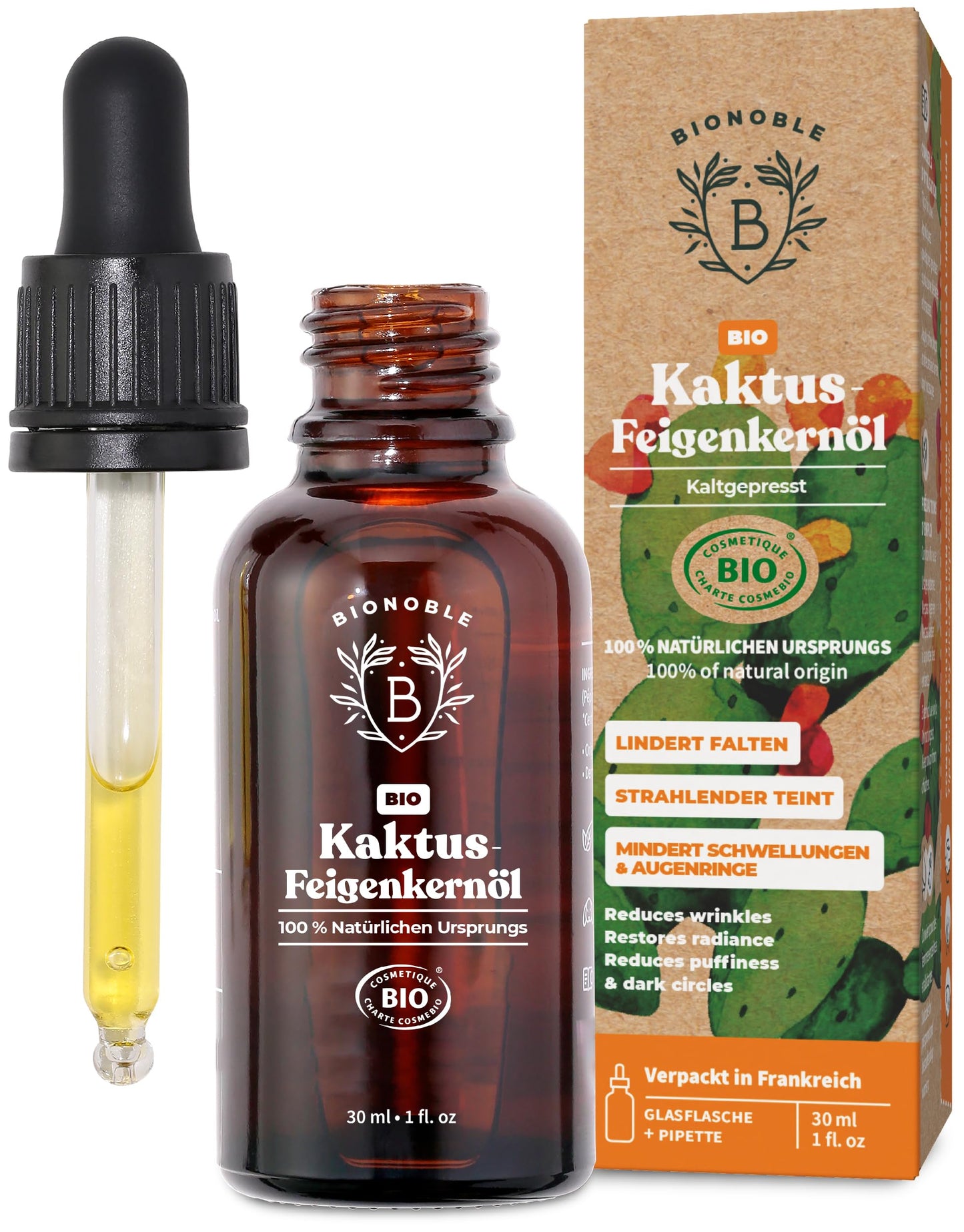 Bionoble Organic Castor Oil, 50 ml, 100% Pure, Natural and Cold Pressed, for Eyelashes, Eyebrows, Hair, Beard, Nails, Vegan and Cruelty-Free, Glass Bottle + Pipette + Pump