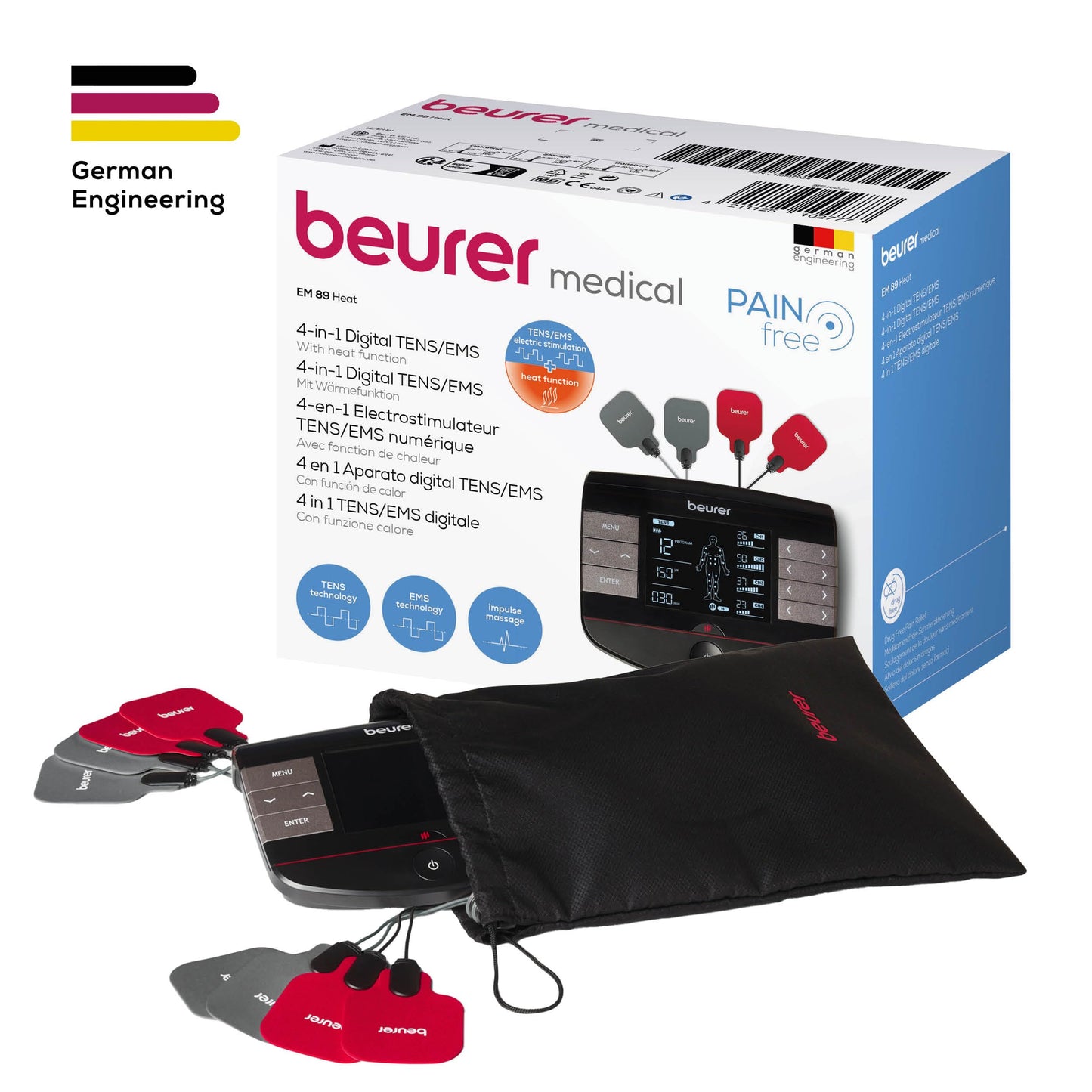 Beurer EM 89 Digital TENS/EMS Gerät mit Wärmefunktion, 4-in-1 Funktion zur Schmerztherapie, Muskelstimulation, Massage und Wärmetherapie, 4 getrennt regelbare Kanäle, 8 Elektroden & Akku