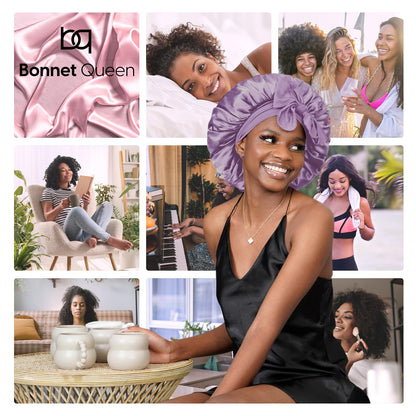 BONNET QUEEN Satin Silk Sleep Cap, Adjustable Women’s/Men’s Bonnet, Night Hair Care Protection Head Cap for Curly, Long Hair, Smooth, Breathable (M, Black)
