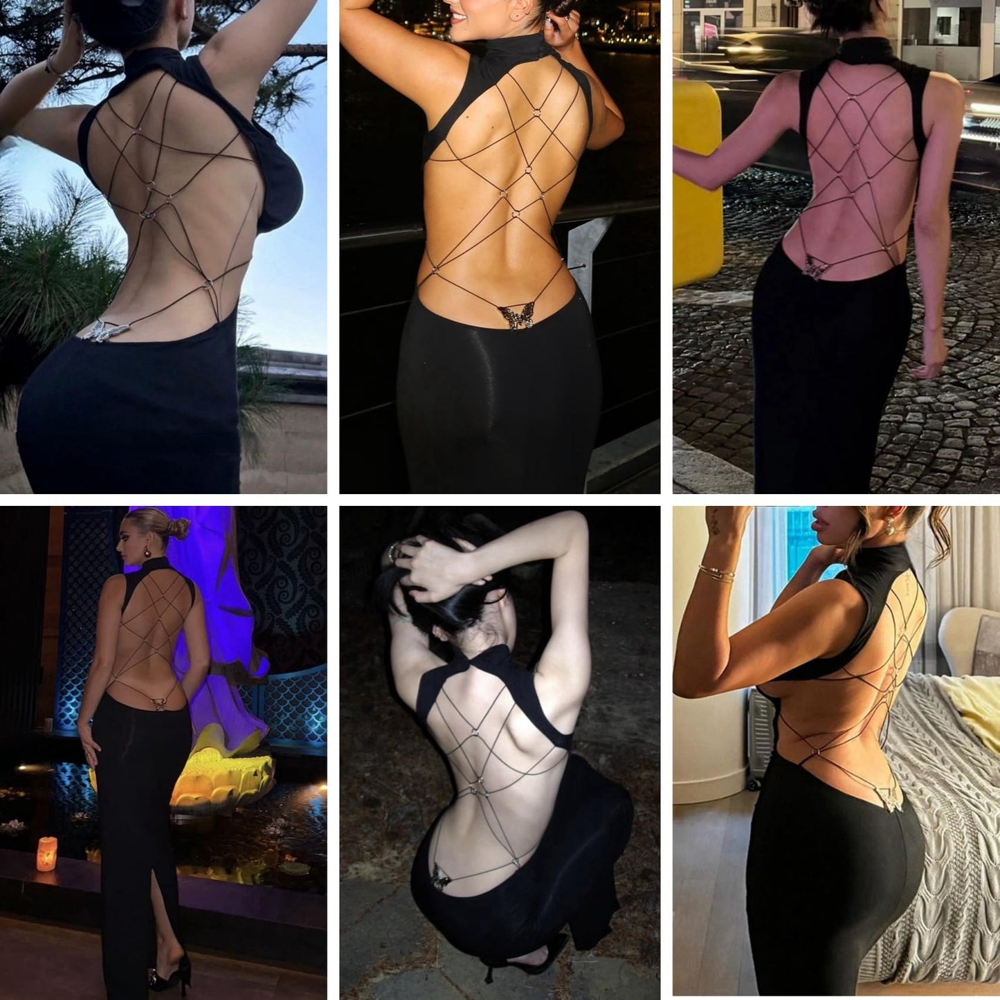 Women's Sexy Mock Neck Criss Cross Wrap Maxi Dress Silver Metal Butterfly Bodycon Long Dress Backless Party Dress