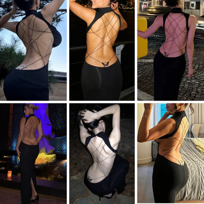 Women's Sexy Mock Neck Criss Cross Wrap Maxi Dress Silver Metal Butterfly Bodycon Long Dress Backless Party Dress