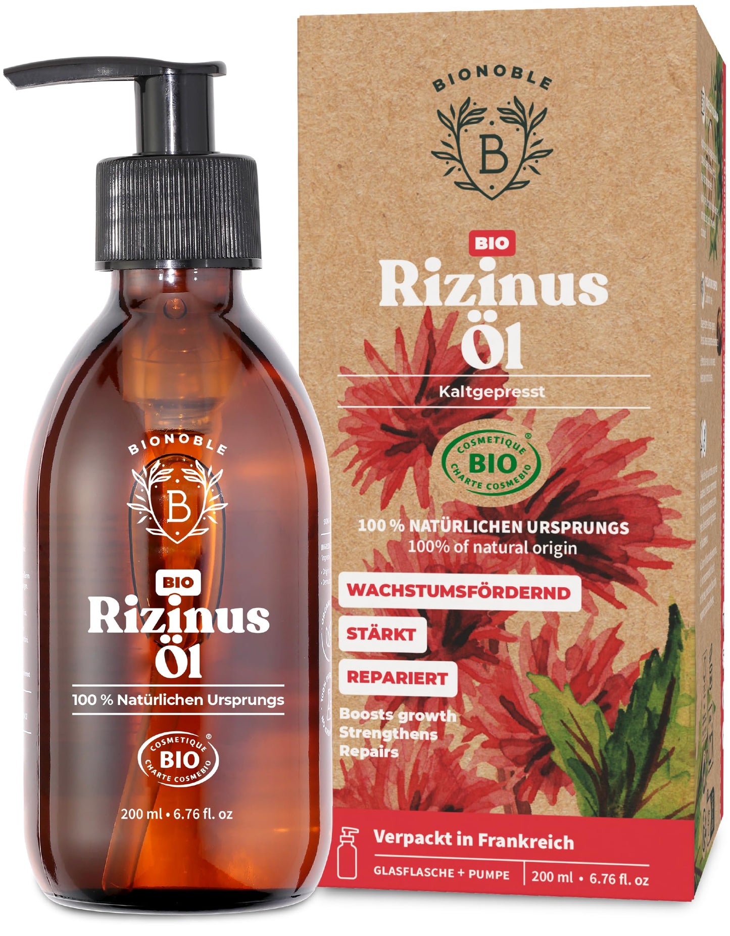 Bionoble Organic Castor Oil, 50 ml, 100% Pure, Natural and Cold Pressed, for Eyelashes, Eyebrows, Hair, Beard, Nails, Vegan and Cruelty-Free, Glass Bottle + Pipette + Pump