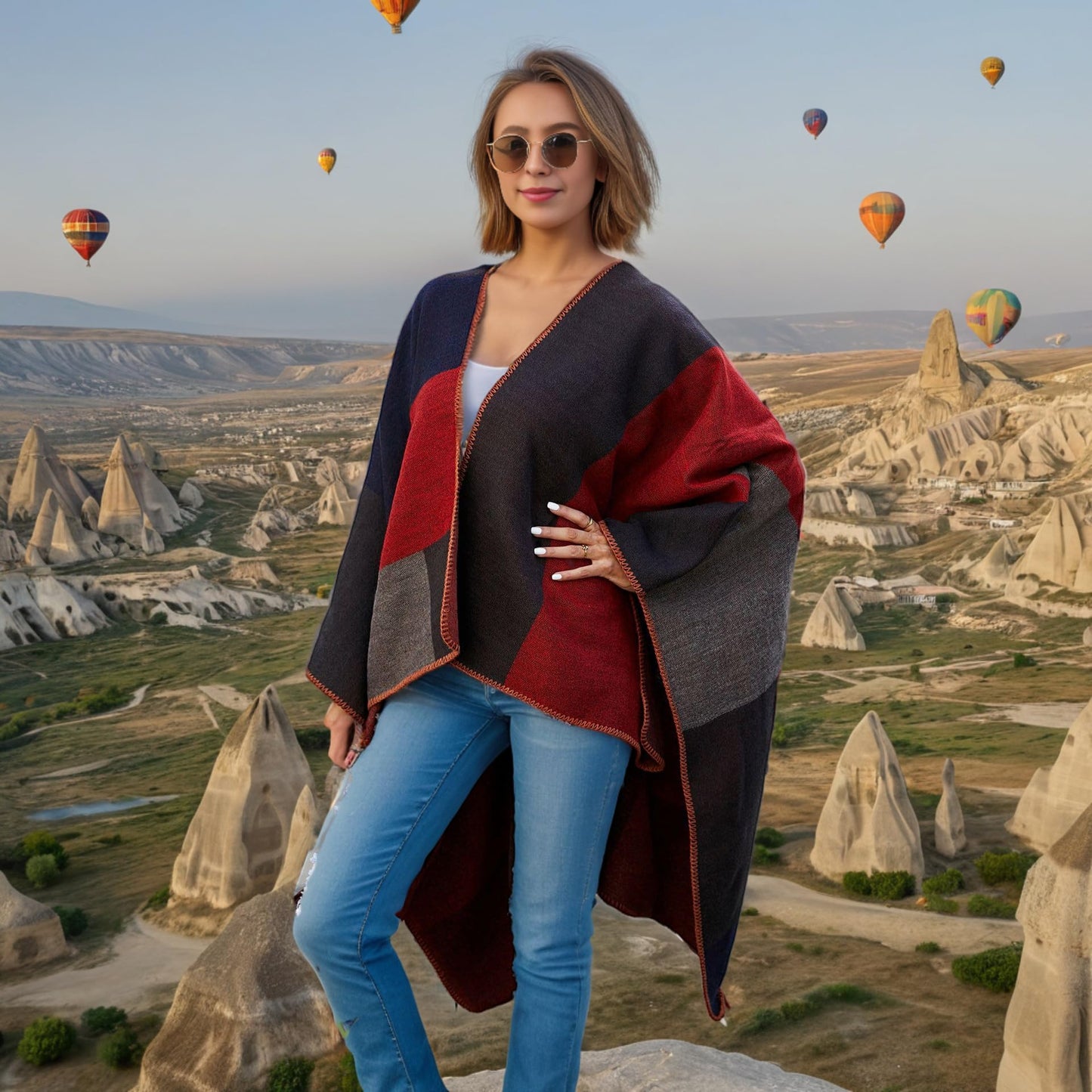 Shmily Girl Poncho Damen Strick Poncho Winter Warm Elegant Poncho Decke Poncho Cape Mantel Übergroße Poncho Schal Frauen