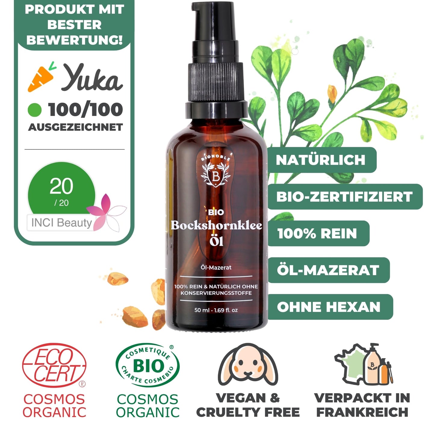 Bionoble Organic Castor Oil, 50 ml, 100% Pure, Natural and Cold Pressed, for Eyelashes, Eyebrows, Hair, Beard, Nails, Vegan and Cruelty-Free, Glass Bottle + Pipette + Pump