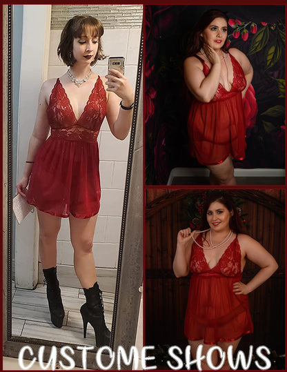 ADOME Lace Negligee V-Neck Babydoll Lingerie Open Back Sleepwear Dress Lingerie Underwear for Women with Panties