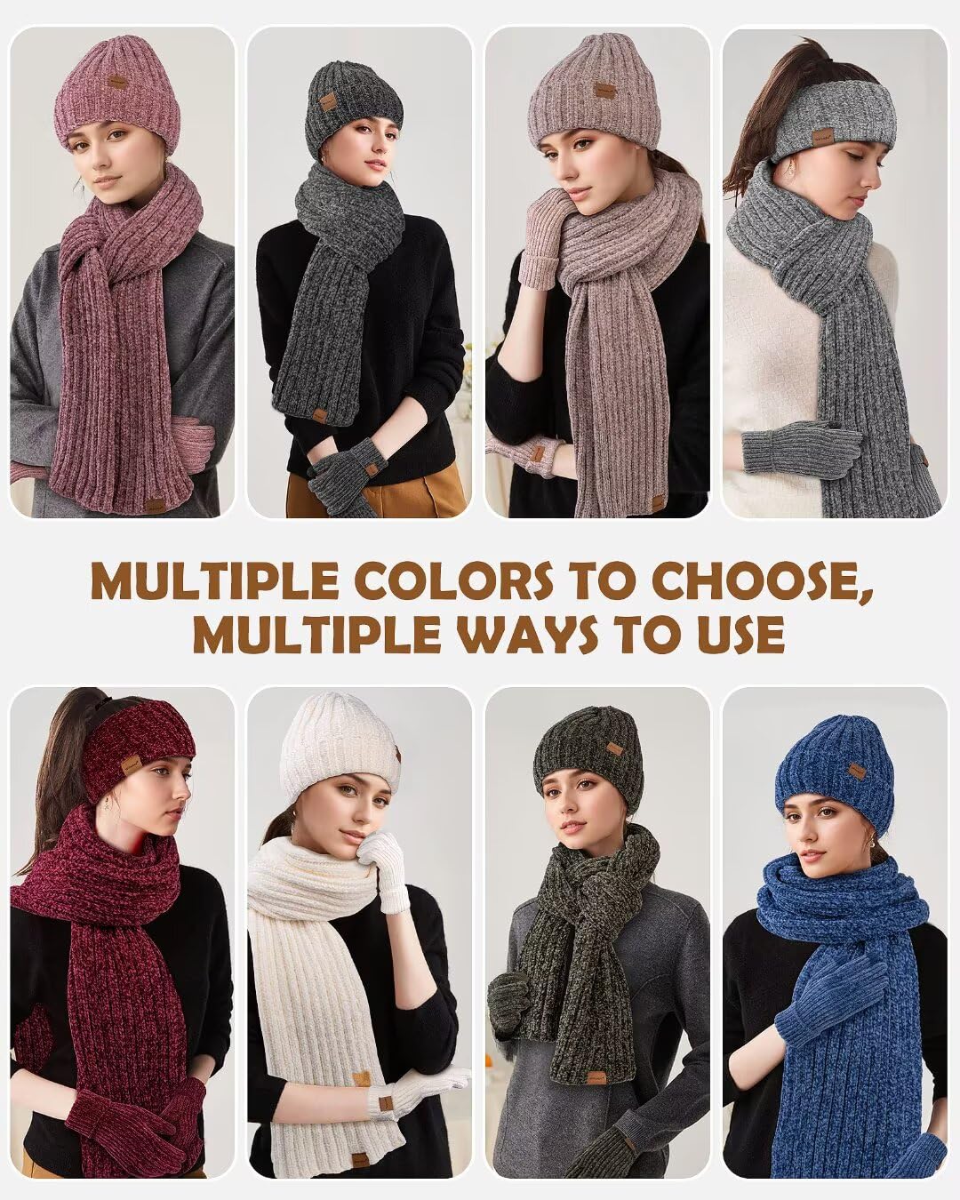 Winuesa Stirnband, Mütze, Schal & Handschuh-Sets für Damen, Chenille Beanie Mütze Mit Fleece Gefüttert Ohrenwärmer Stricken Schal Touchscreen Handschuhe Warm 4-in-1 Geschenk Set