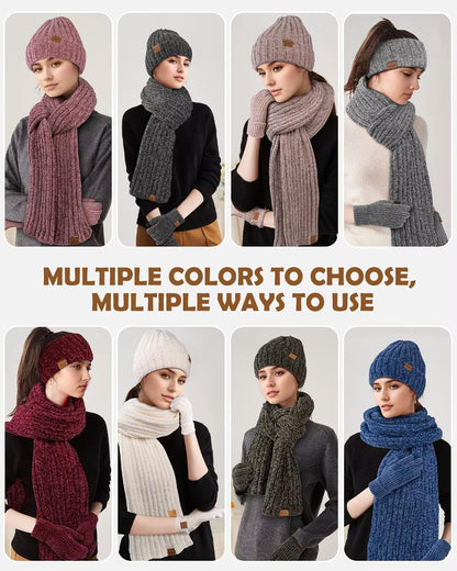 Winuesa Stirnband, Mütze, Schal & Handschuh-Sets für Damen, Chenille Beanie Mütze Mit Fleece Gefüttert Ohrenwärmer Stricken Schal Touchscreen Handschuhe Warm 4-in-1 Geschenk Set