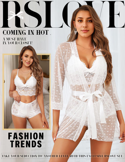 RSLOVE Sexy Lingerie Set for Women - Lace Underwear Dressing Gown with Bra and Panties