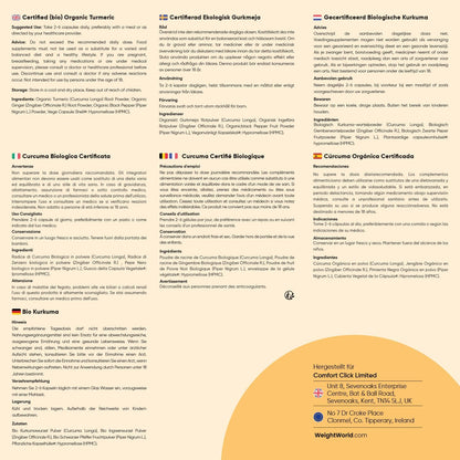 BIO Kurkuma Kapseln - Schwarzer Pfeffer & Ingwer mit Curcumin - Kurkuma und Ingwer Pulver - 180 Kapseln - Vegan - WeightWorld