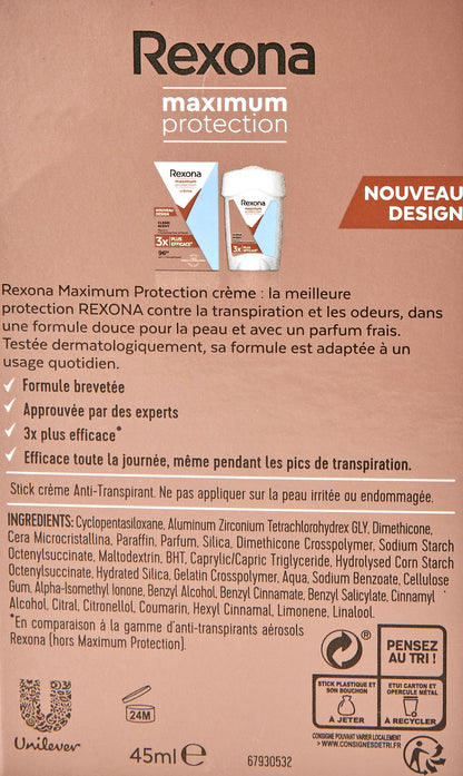 Rexona Maximum Protection Women’s Travel Deodorant Cream, Clean Scent, 45 ml