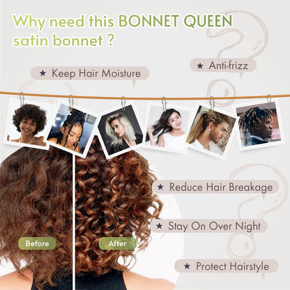 BONNET QUEEN Satin Silk Sleep Cap, Adjustable Women’s/Men’s Bonnet, Night Hair Care Protection Head Cap for Curly, Long Hair, Smooth, Breathable (M, Black)