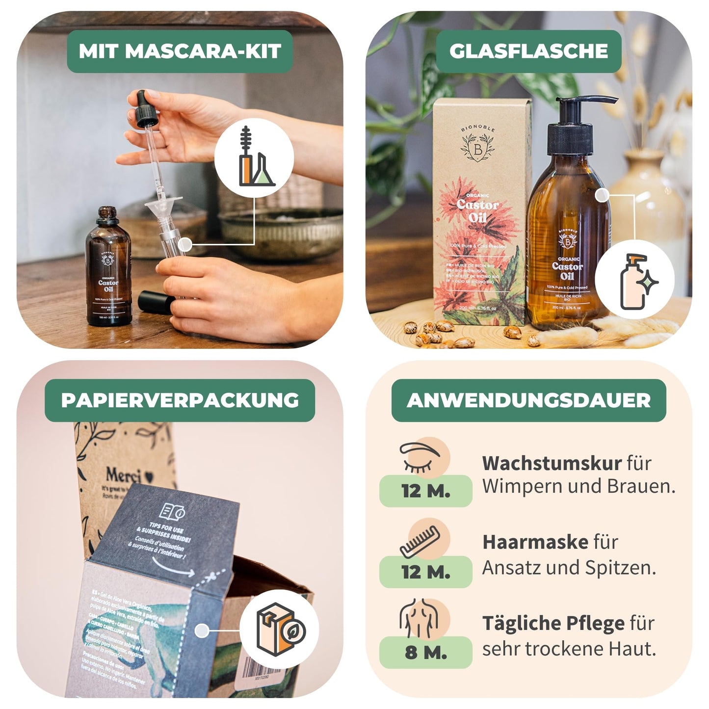 Bionoble Organic Castor Oil, 50 ml, 100% Pure, Natural and Cold Pressed, for Eyelashes, Eyebrows, Hair, Beard, Nails, Vegan and Cruelty-Free, Glass Bottle + Pipette + Pump