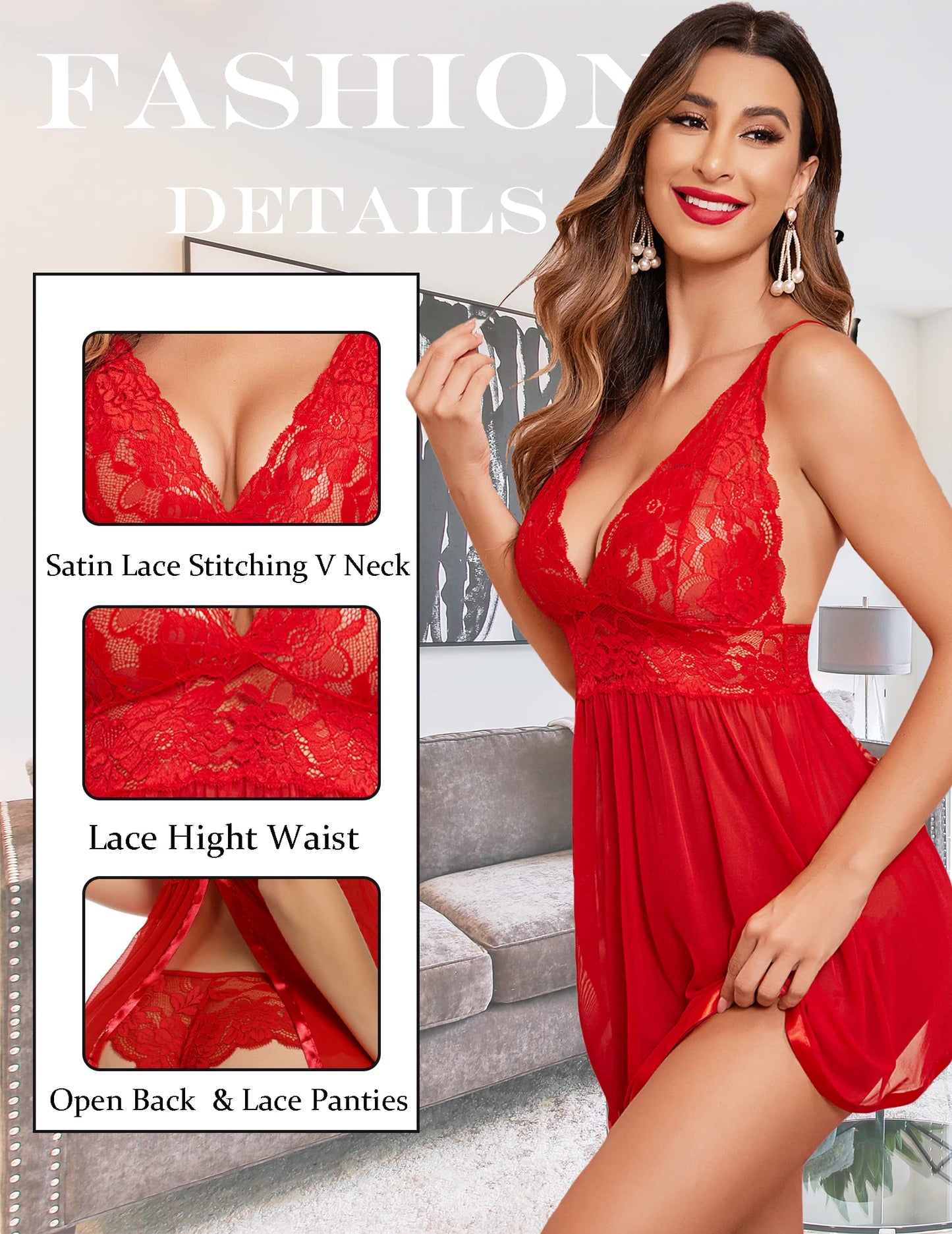 ADOME Lace Negligee V-Neck Babydoll Lingerie Open Back Sleepwear Dress Lingerie Underwear for Women with Panties