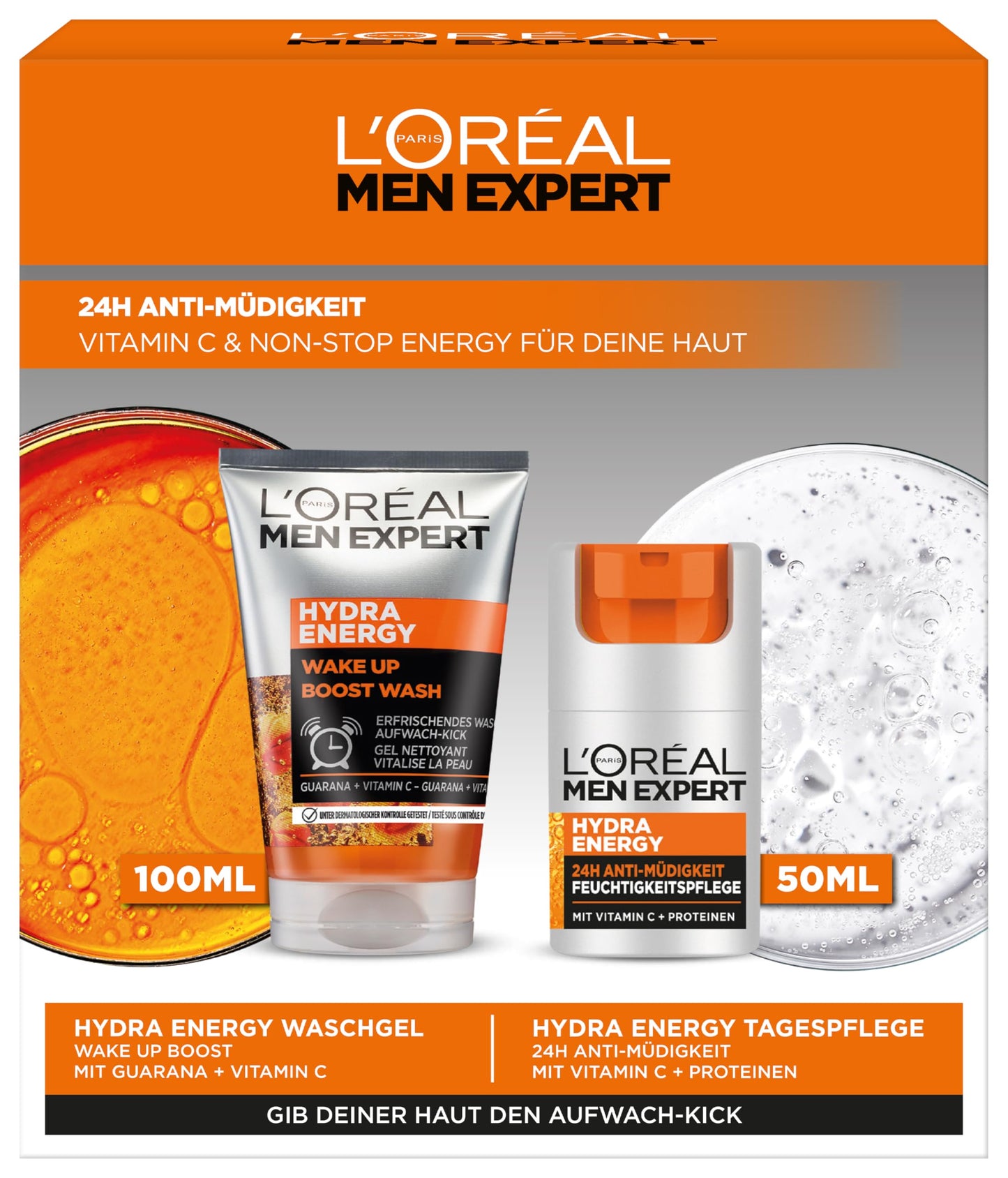 L'Oréal Men Expert Pflegeset gegen müde Haut für Männer, Geschenkset mit Waschgel und Gesichtscreme 24H Anti-Müdigkeit, Geschenke für Herren mit Vitamin C, Hydra Energy, 1 x 100 ml, 1 x 50 ml