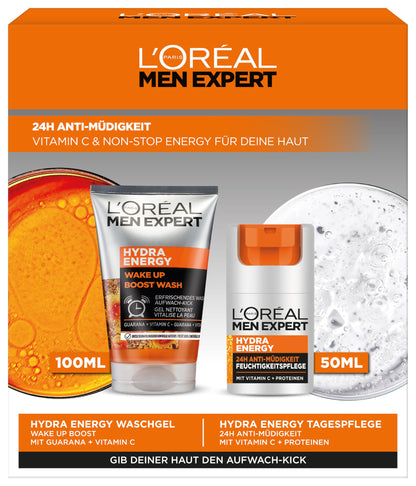 L'Oréal Men Expert Pflegeset gegen müde Haut für Männer, Geschenkset mit Waschgel und Gesichtscreme 24H Anti-Müdigkeit, Geschenke für Herren mit Vitamin C, Hydra Energy, 1 x 100 ml, 1 x 50 ml