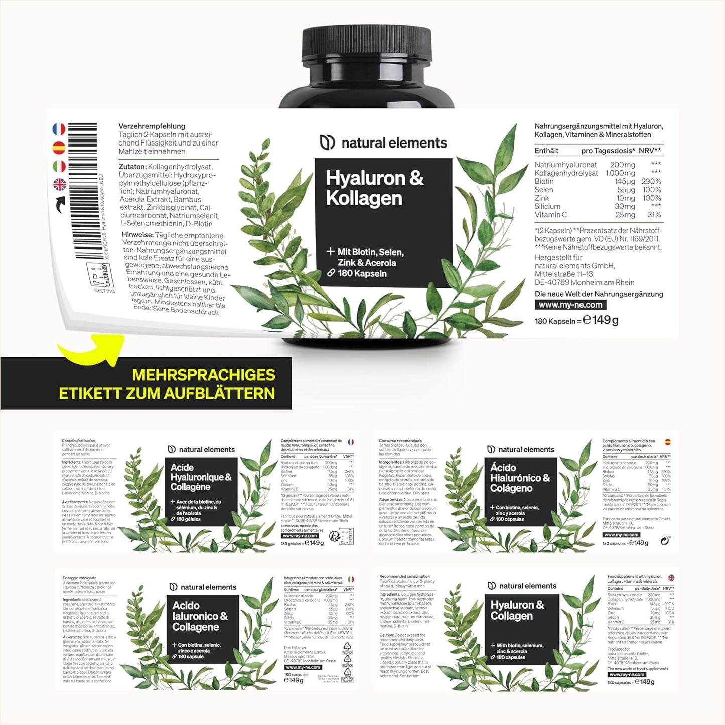 Hyaluronic Acid Collagen Complex – 180 Capsules – Enriched with Biotin, Selenium, Zinc, Vitamin C from Acerola & Bamboo Extract – Laboratory Tested & Made in Germany