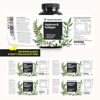 Hyaluronic Acid Collagen Complex – 180 Capsules – Enriched with Biotin, Selenium, Zinc, Vitamin C from Acerola & Bamboo Extract – Laboratory Tested & Made in Germany