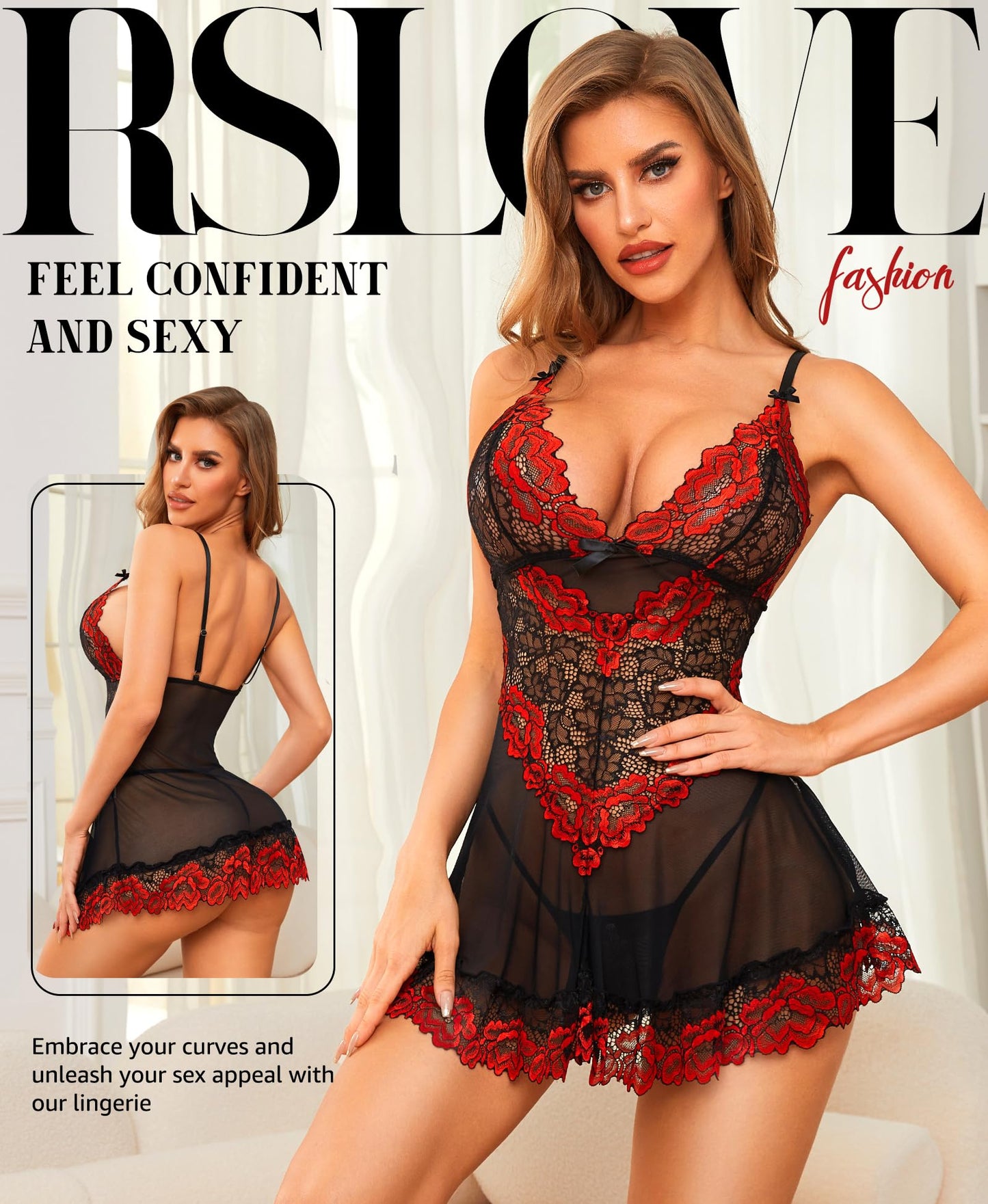 RSLOVE Babydoll Lingerie for Women, Lace Chemise, Sexy Sleepwear, Dress