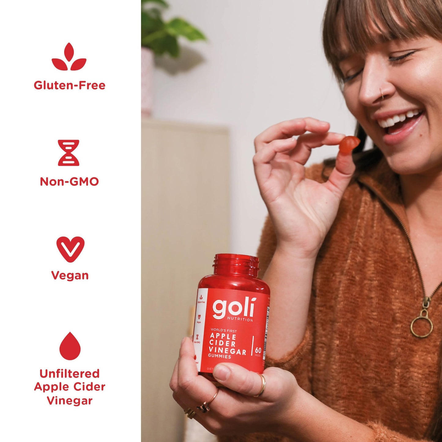 Goli Nutrition, Apple Cider Vinegar, 60 Vegan Gummies, 1000 mg Apple Cider Vinegar Per Dose, Gluten Free, Soy Free, GMO Free, Apple Cider Vinegar Flavour